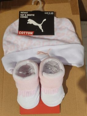 Puma Baby Hat and Booties Set in Pink and White